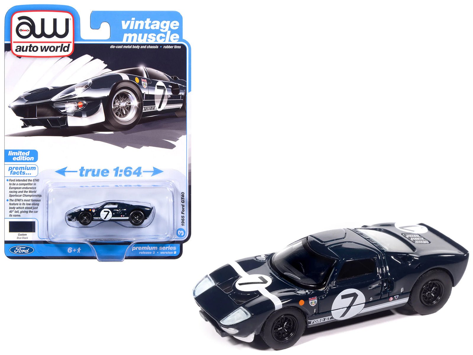 1965 Ford GT40 7 Blue Black with White Stripes "Vintage Muscle" Series 1/64 Diecast Model Car by Auto World free shipping USA - Rapid Vehicles