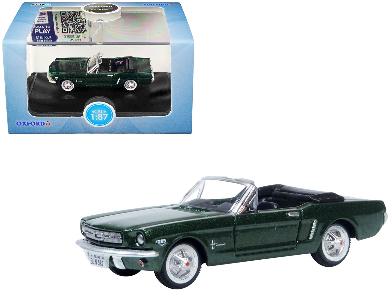 1965 Ford Mustang Convertible Ivy Green Metallic 1/87 (HO) Scale Diecast Model Car by Oxford Diecast free shipping USA - Rapid Vehicles