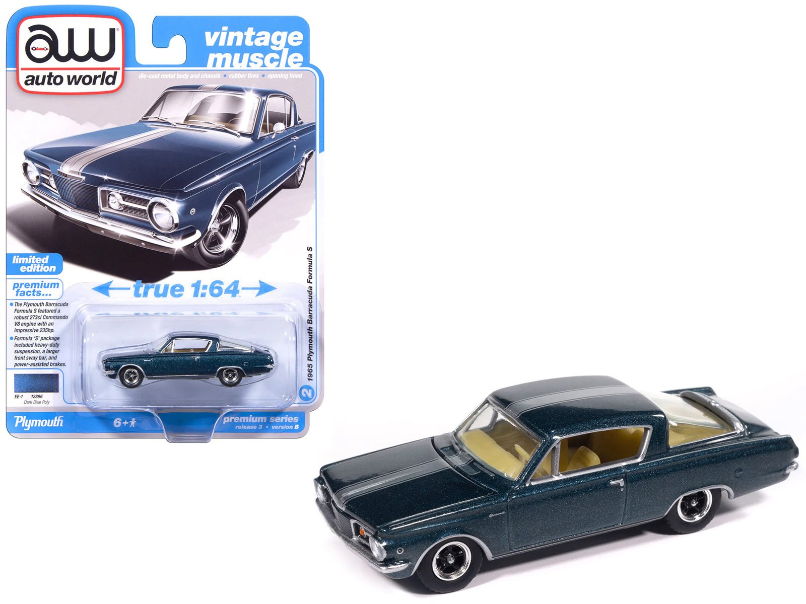 1965 Plymouth Barracuda Formula S Dark Blue Metallic with Silver Stripe "Vintage Muscle" Series 1/64 Diecast Model Car by Auto World free shipping USA - Rapid Vehicles