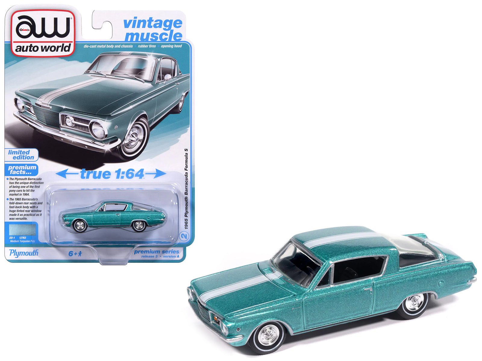 1965 Plymouth Barracuda Formula S Turquoise Metallic with White Stripe "Vintage Muscle" Series 1/64 Diecast Model Car by Auto World free shipping USA - Rapid Vehicles
