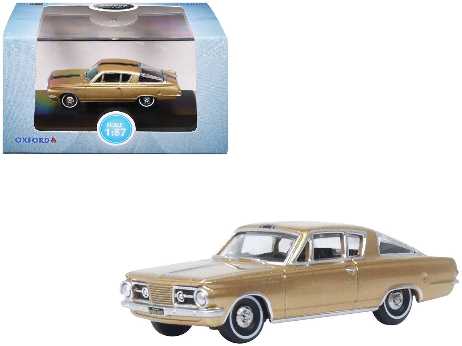1965 Plymouth Barracuda Gold Metallic with Black Stripes 1/87 (HO) Scale Diecast Model Car by Oxford Diecast free shipping USA - Rapid Vehicles