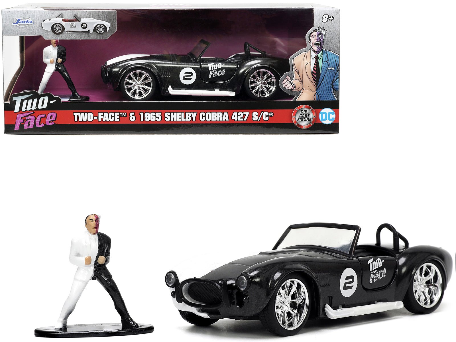 1965 Shelby Cobra 427 S/C 2 Black Metallic and White and Harvey Two - Face Diecast Figure "Batman" "Hollywood Rides" Series 1/32 Diecast Model Car by Jada free shipping USA - Rapid Vehicles