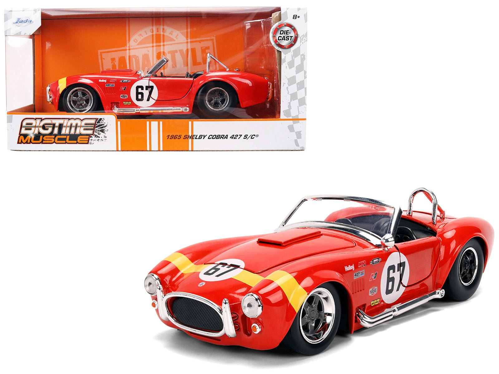 1965 Shelby Cobra 427 S/C 67 Red with Yellow Stripe "Bigtime Muscle" Series 1/24 Diecast Model Car by Jada free shipping USA - Rapid Vehicles