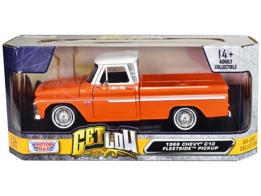 1966 Chevrolet C10 Fleetside Pickup Truck Lowrider Orange Metallic with White Top "Get Low" Series 1/24 Diecast Model Car by Motormax free shipping USA - Rapid Vehicles