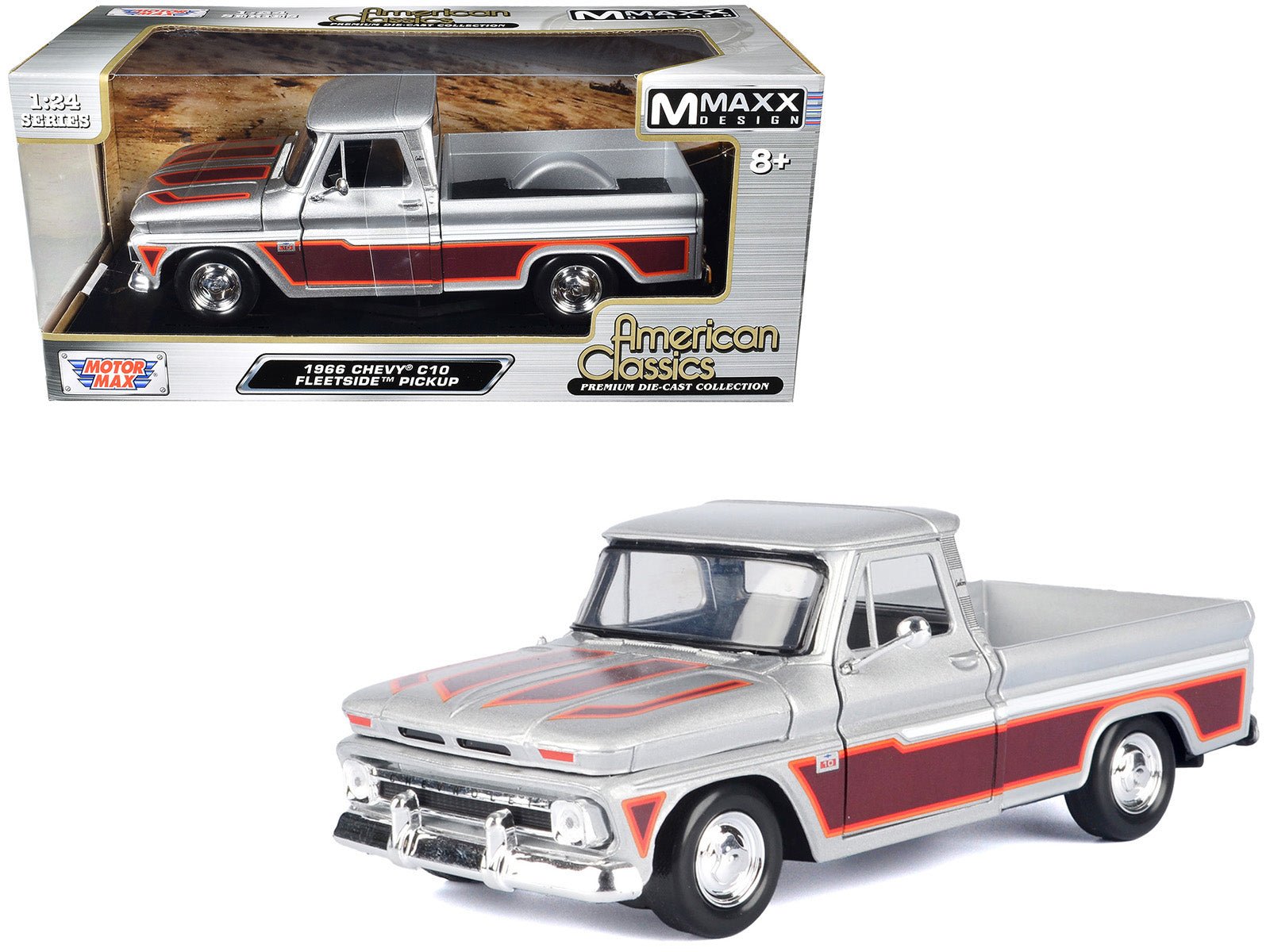 1966 Chevrolet C10 Fleetside Pickup Truck Silver Metallic with Brown Sides "American Classics" Series 1/24 Diecast Model Car by Motormax free shipping USA - Rapid Vehicles