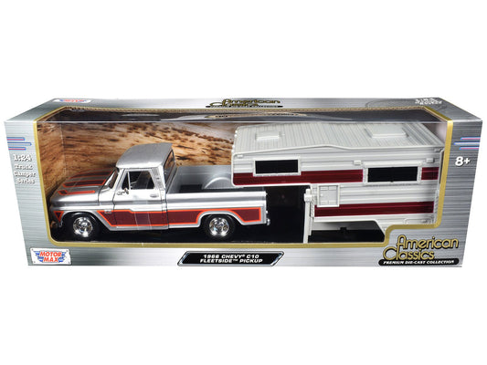 1966 Chevrolet C10 Fleetside Pickup Truck Silver Metallic with Brown Sides with Camper Shell "American Classics" Series 1/24 Diecast Model Car by Motormax free shipping USA - Rapid Vehicles