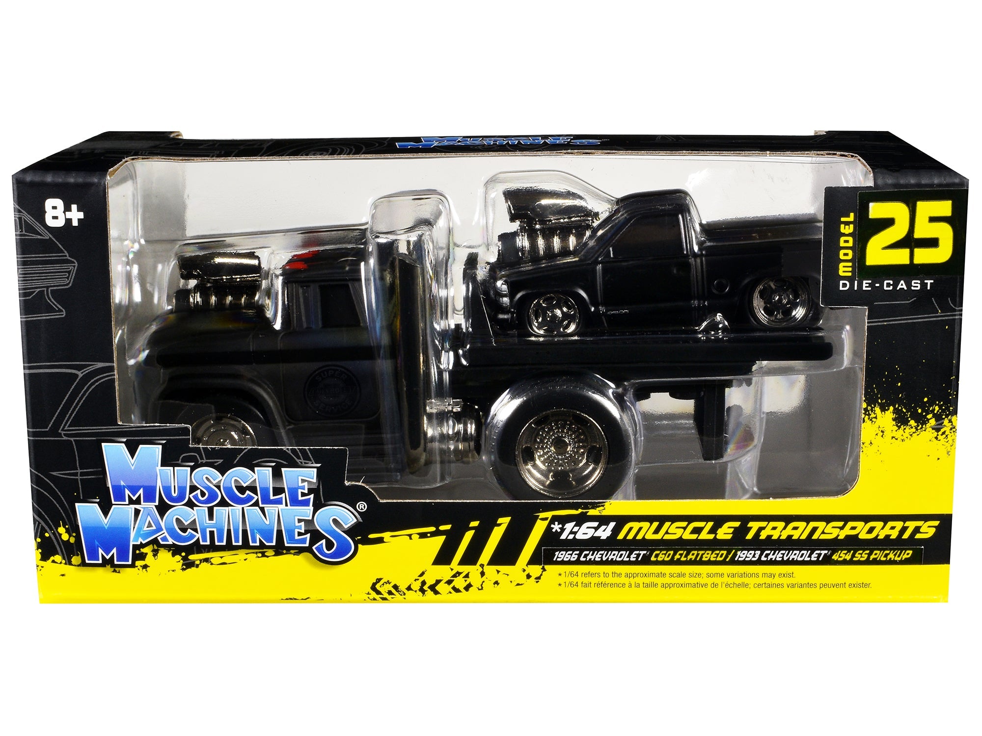 1966 Chevrolet C60 Flatbed Truck Matt Black and 1993 Chevrolet 454 SS Pickup Truck Matt Black "Muscle Transports" Series 1/64 Diecast Models by Muscle Machines free shipping USA - Rapid Vehicles