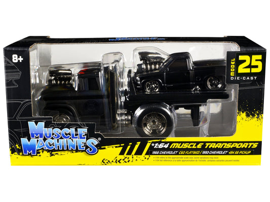 1966 Chevrolet C60 Flatbed Truck Matt Black and 1993 Chevrolet 454 SS Pickup Truck Matt Black "Muscle Transports" Series 1/64 Diecast Models by Muscle Machines free shipping USA - Rapid Vehicles