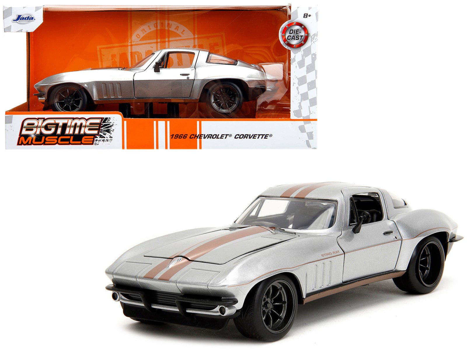 1966 Chevrolet Corvette Silver Metallic with Bronze Stripes "Bigtime Muscle" Series 1/24 Diecast Model Car by Jada free shipping USA - Rapid Vehicles