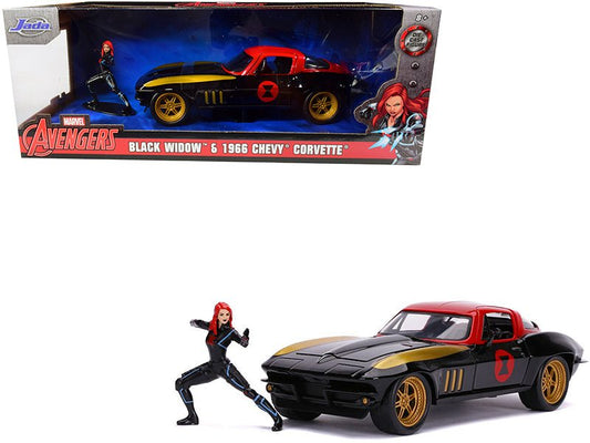 1966 Chevrolet Corvette with Black Widow Diecast Figurine "Avengers" "Marvel" Series 1/24 Diecast Model Car by Jada free shipping USA - Rapid Vehicles