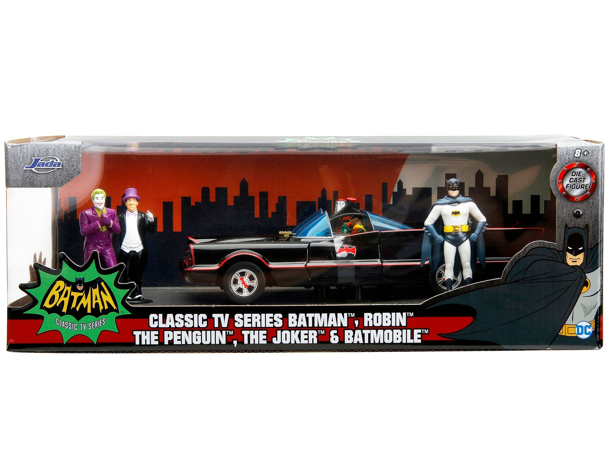1966 Classic Batmobile with Diecast Batman The Joker The Penguin and Plastic Robin Sitting Inside The Car "Batman" TV Series (1966) "Hollywood Rides" Series 1/24 Diecast Model Car by Jada free shipping USA - Rapid Vehicles
