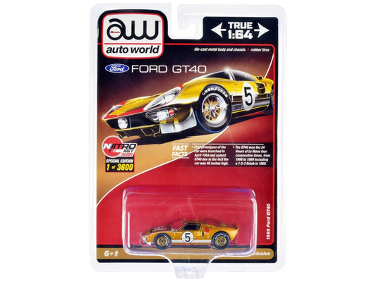 1966 Ford GT40 RHD (Right Hand Drive) 5 Gold with Graphics Limited Edition to 3600 pieces Worldwide 1/64 Diecast Model Car by Auto World - Rapid Vehicles