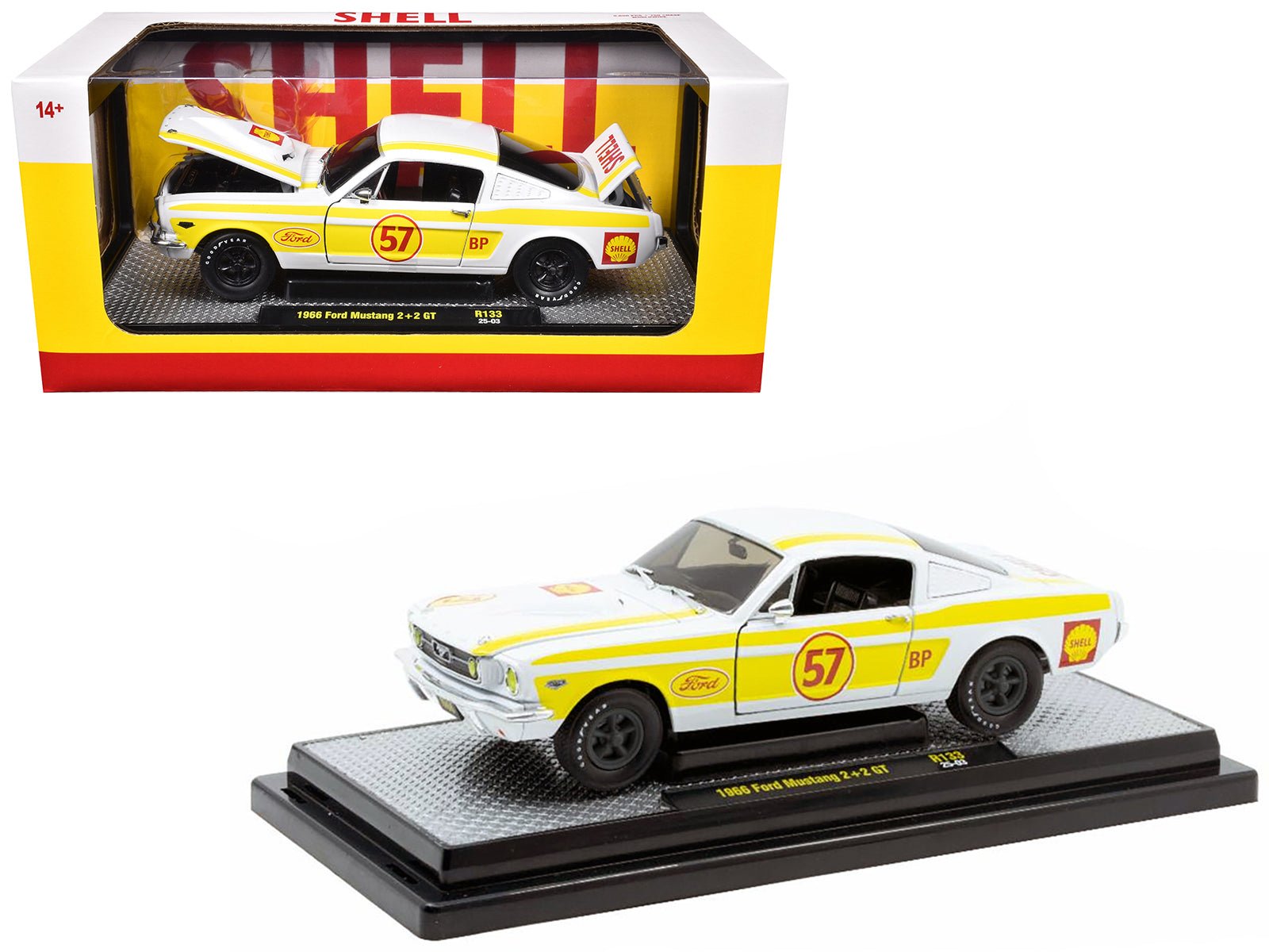 1966 Ford Mustang 2+2 GT 57 "Shell Oil" White with Yellow Stripes Limited Edition to 5650 pieces Worldwide 1/24 Diecast Model Car by M2 Machines free shipping USA - Rapid Vehicles