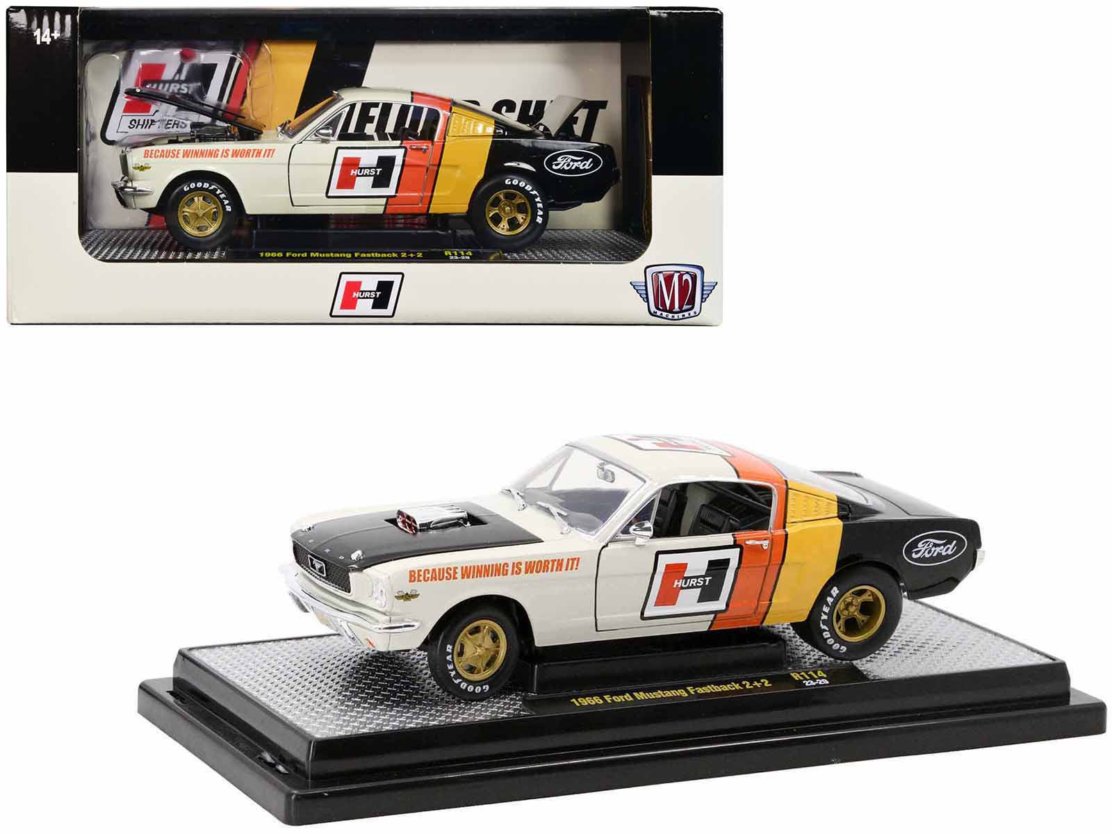 1966 Ford Mustang Fastback 2+2 Off White and Black with Red and Yellow Stripes "Hurst Shifters" Limited Edition to 6000 pieces Worldwide 1/24 Diecast Model Car by M2 Machines free shipping USA - Rapid Vehicles