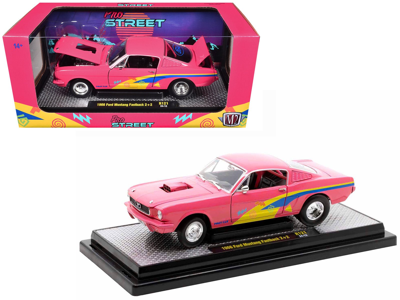 1966 Ford Mustang Fastback 2+2 Pink with Blue and Yellow Stripes "Pro Street" Limited Edition to 6250 pieces Worldwide 1/24 Diecast Model Car by M2 Machines free shipping USA - Rapid Vehicles