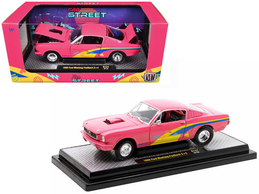1966 Ford Mustang Fastback 2+2 Pink with Blue and Yellow Stripes "Pro Street" Limited Edition to 6250 pieces Worldwide 1/24 Diecast Model Car by M2 Machines free shipping USA - Rapid Vehicles