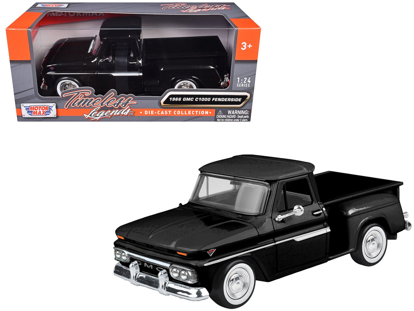 1966 GMC C1000 Fenderside Pickup Truck Black "Timeless Legends" Series 1/24 Diecast Model Car by Motormax free shipping USA - Rapid Vehicles