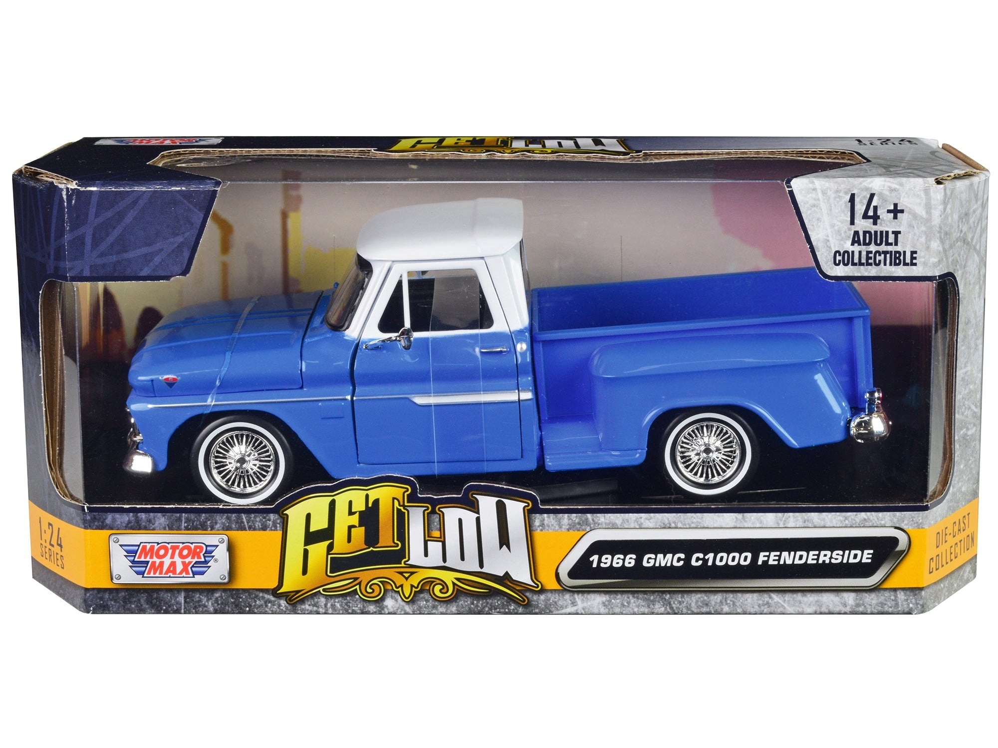 1966 GMC C1000 Fenderside Pickup Truck Lowrider Blue with White Top "Get Low" Series 1/24 Diecast Model Car by Motormax free shipping USA - Rapid Vehicles