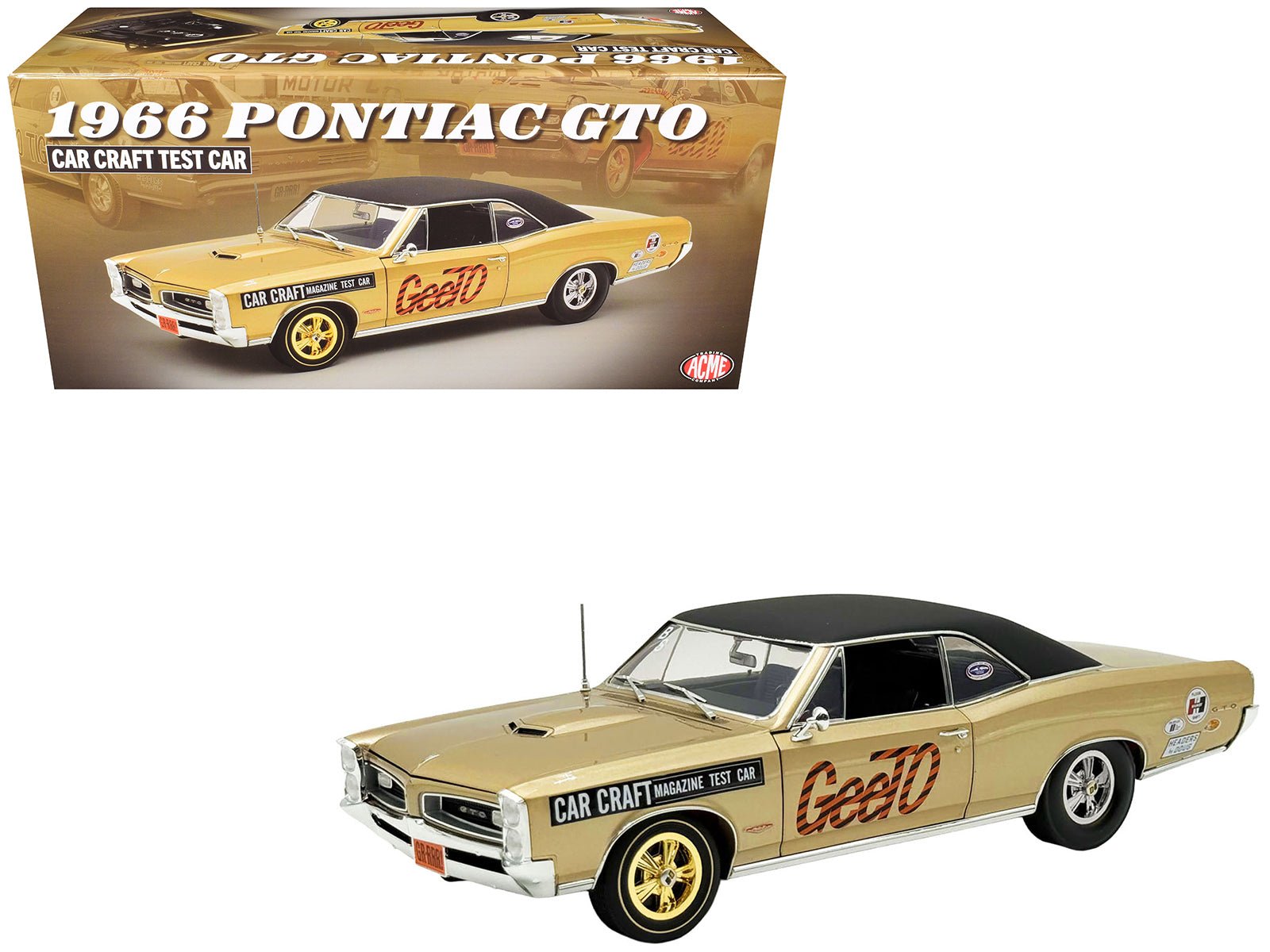 1966 Pontiac GTO "Car Craft Magazine Test Car" Gold Metallic with Black Top and Graphics Limited Edition to 300 pieces Worldwide 1/18 Diecast Model Car by ACME free shipping USA - Rapid Vehicles