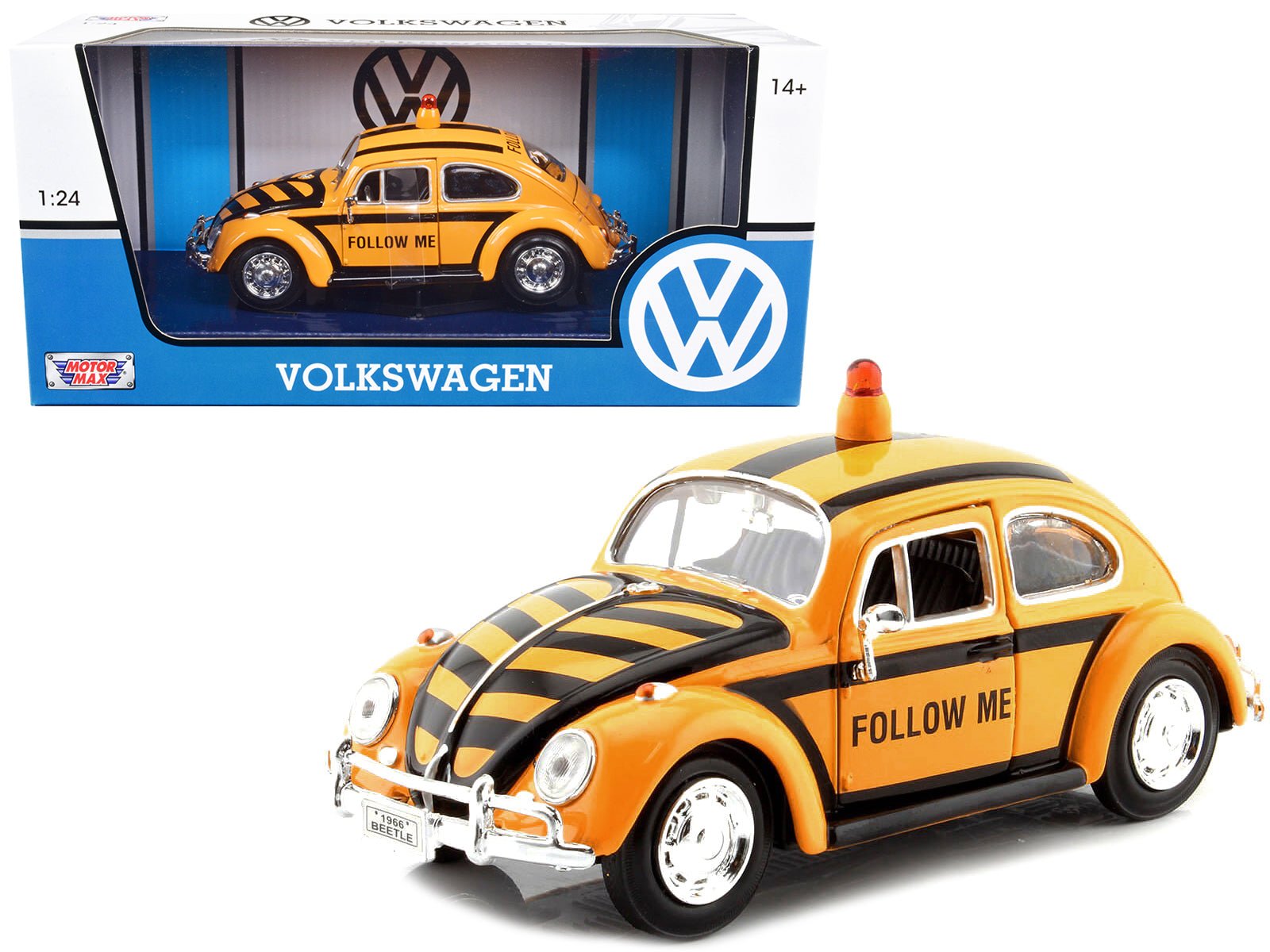 1966 Volkswagen Beetle "Follow Me" Airport Safety Vehicle Yellow with Black Stripes 1/24 Diecast Model Car by Motormax free shipping USA - Rapid Vehicles