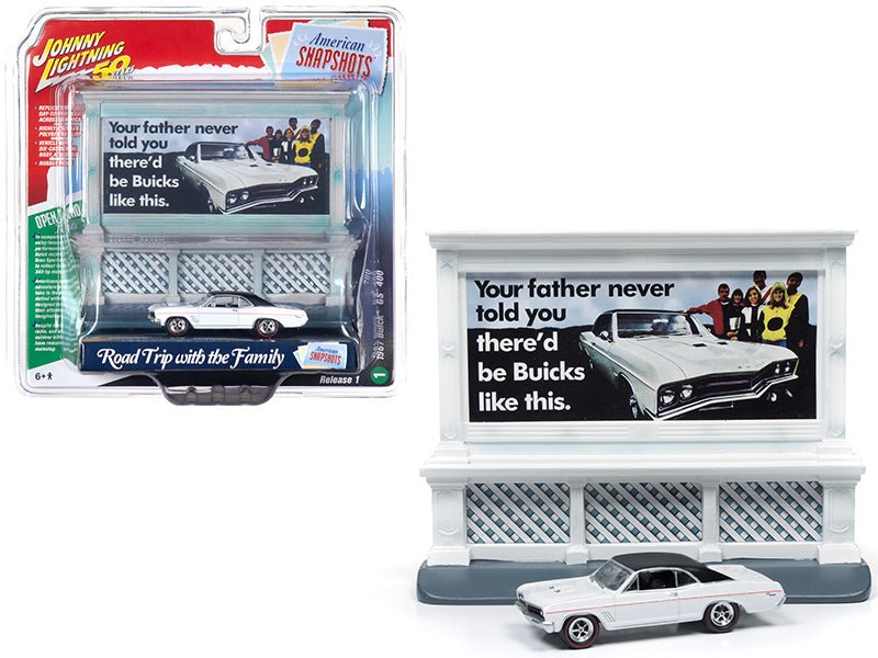 1967 Buick GS 400 White with "Buick" City Billboard "Johnny Lightning 50th Anniversary" 1/64 Diecast Model Car by Johnny Lightning free shipping USA - Rapid Vehicles