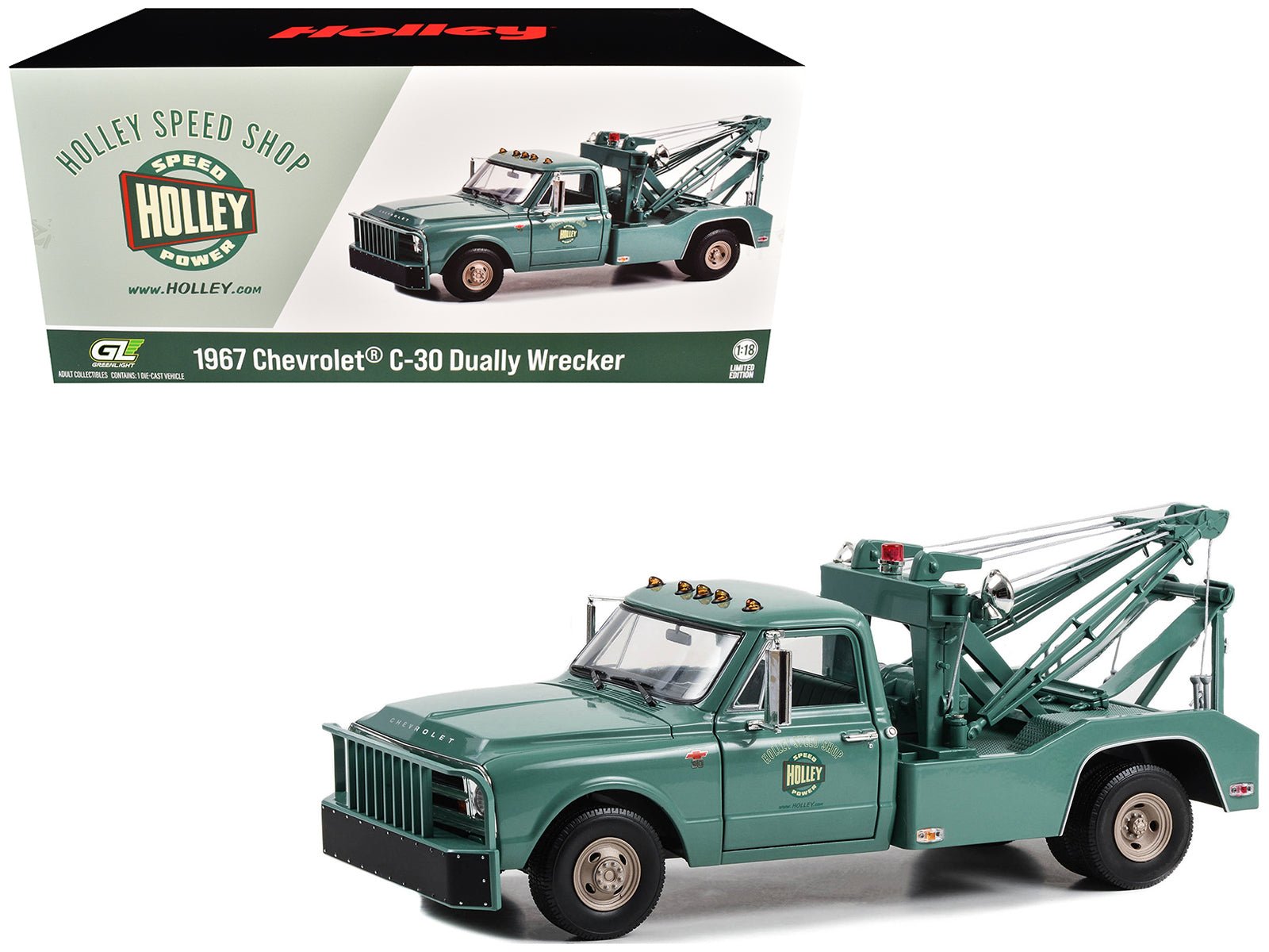 1967 Chevrolet C - 30 Dually Wrecker Tow Truck "Holley Speed Shop" Green 1/18 Diecast Model Car by Greenlight free shipping USA - Rapid Vehicles