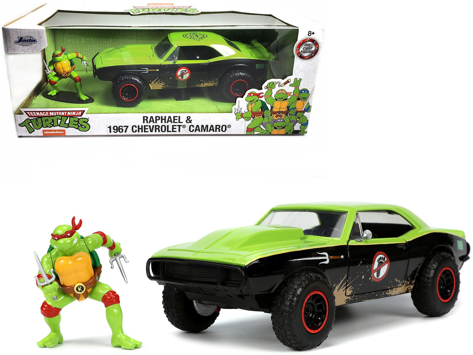 1967 Chevrolet Camaro Offroad Bright Green and Matt Black (Dirty Version) and Raphael Diecast Figure "Teenage Mutant Ninja Turtles" "Hollywood Rides" Series 1/24 Diecast Model Car by Jada free shipping USA - Rapid Vehicles