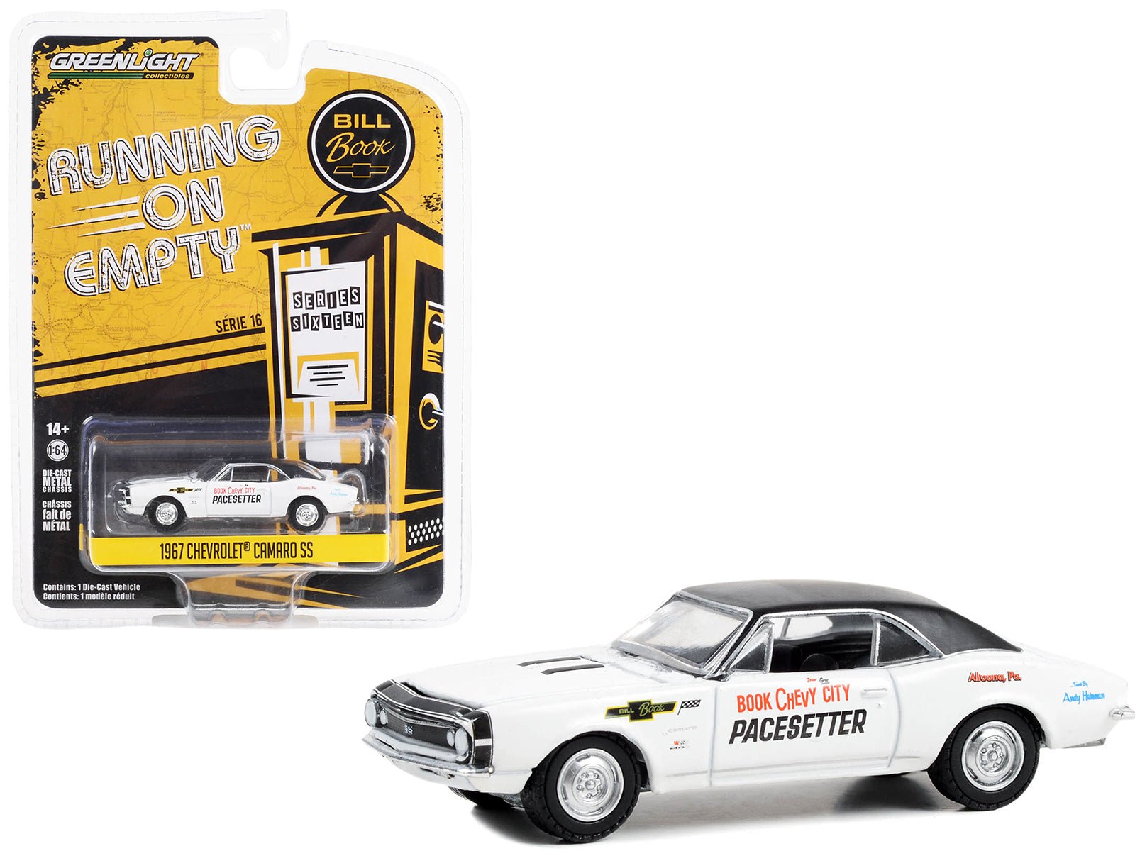 1967 Chevrolet Camaro SS White with Black Top "Book City Chevy Pacesetter - Altoona Pennsylvania" "Running on Empty" Series 16 1/64 Diecast Model Car by Greenlight free shipping USA - Rapid Vehicles