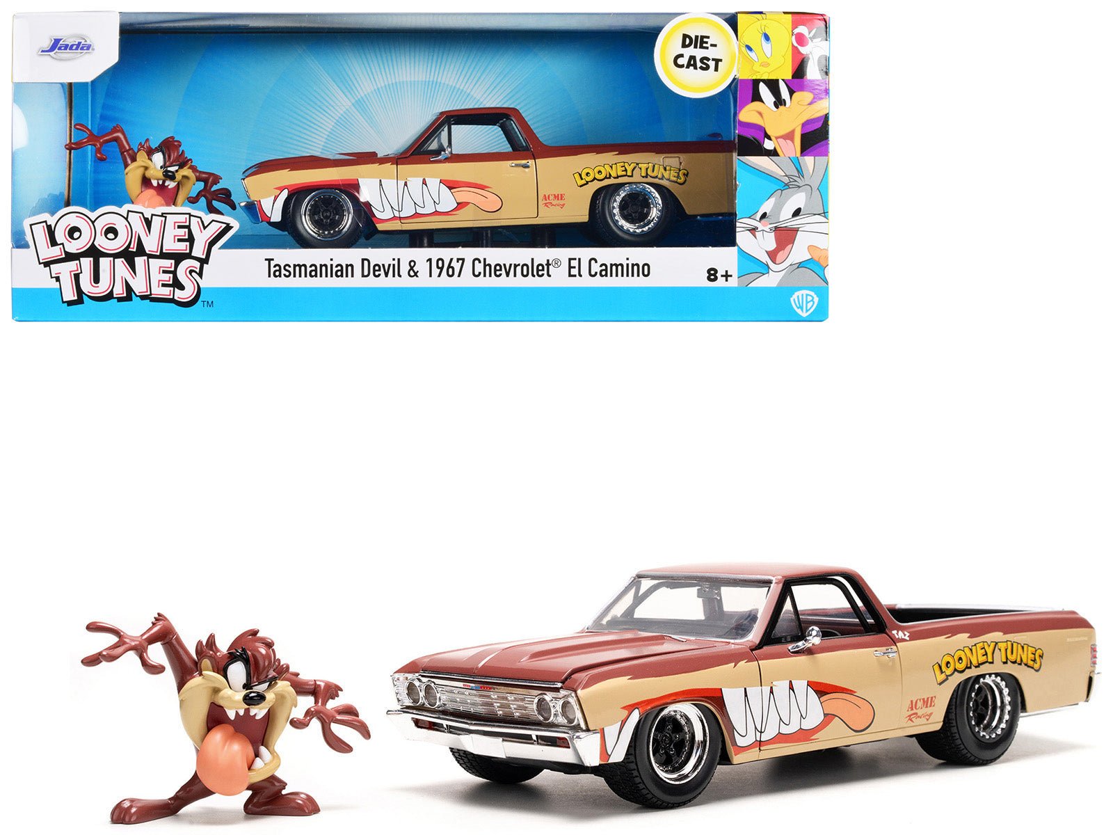 1967 Chevrolet El Camino Brown and Beige with Graphics and Tasmanian Devil (Taz) Diecast Figure "Looney Tunes" "Hollywood Rides" Series 1/24 Diecast Model Car by Jada free shipping USA - Rapid Vehicles