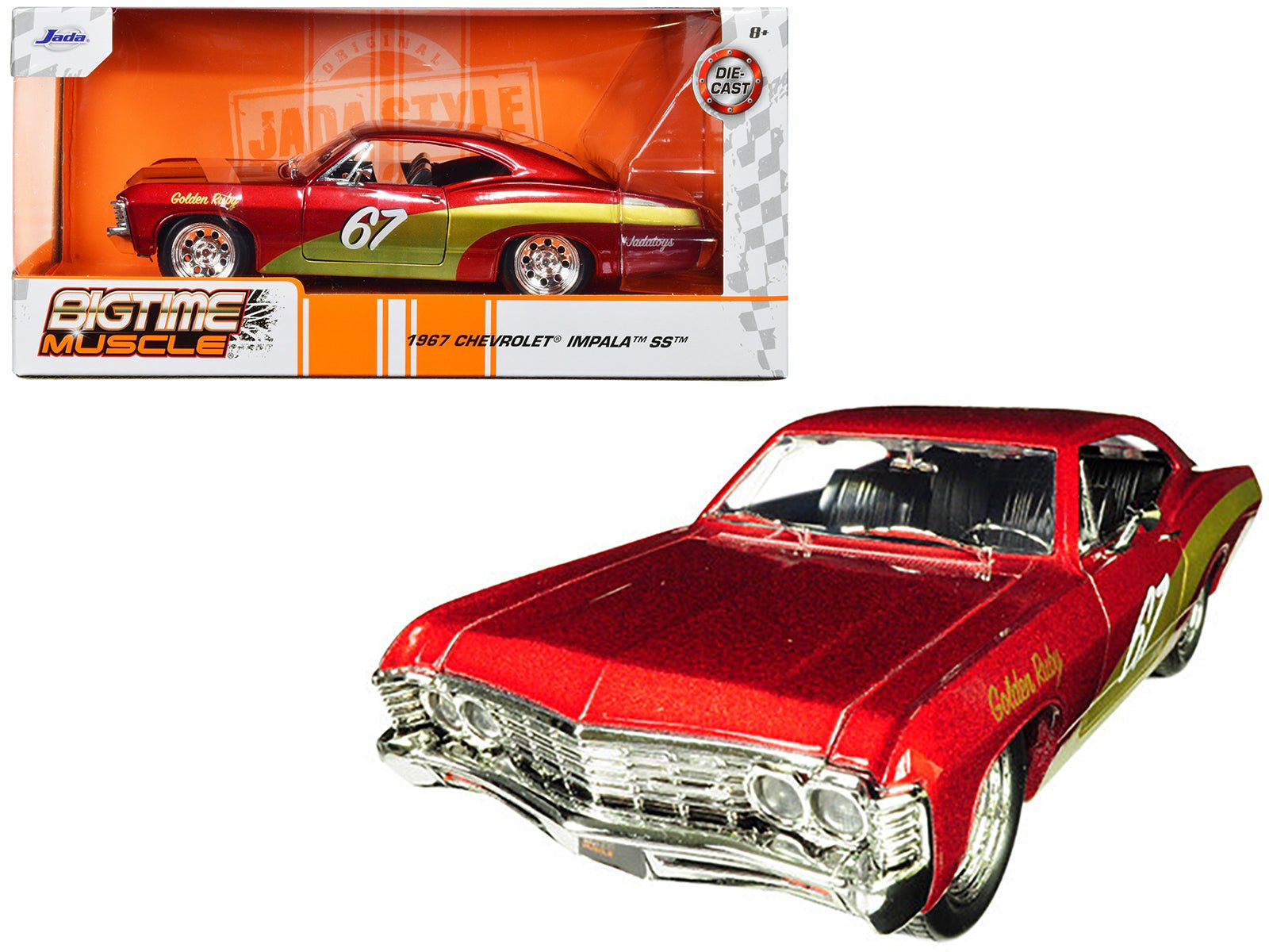 1967 Chevrolet Impala SS 67 "Golden Ruby" Red with Gold Stripes "Bigtime Muscle" 1/24 Diecast Model Car by Jada free shipping USA - Rapid Vehicles