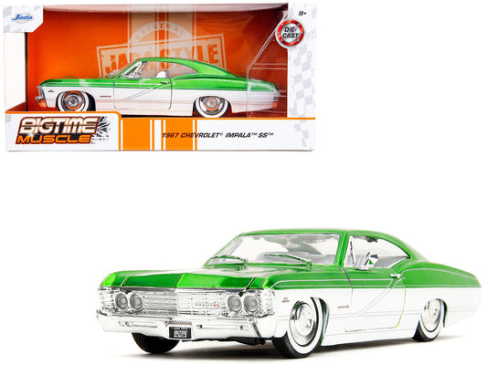 1967 Chevrolet Impala SS Green Metallic and White with White Interior "Bigtime Muscle" Series 1/24 Diecast Model Car by Jada free shipping USA - Rapid Vehicles