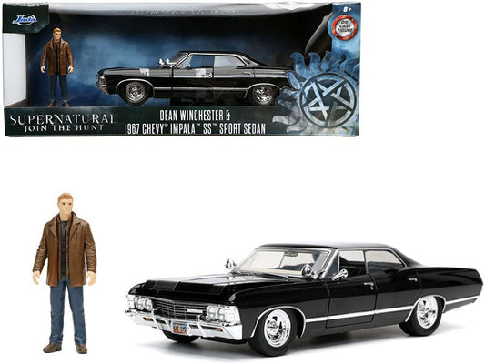 1967 Chevrolet Impala SS Sport Sedan Black and Dean Winchester Diecast Figurine "Supernatural" (2005 - 2020) TV Series "Hollywood Rides" Series 1/24 Diecast Model Car by Jada free shipping USA - Rapid Vehicles