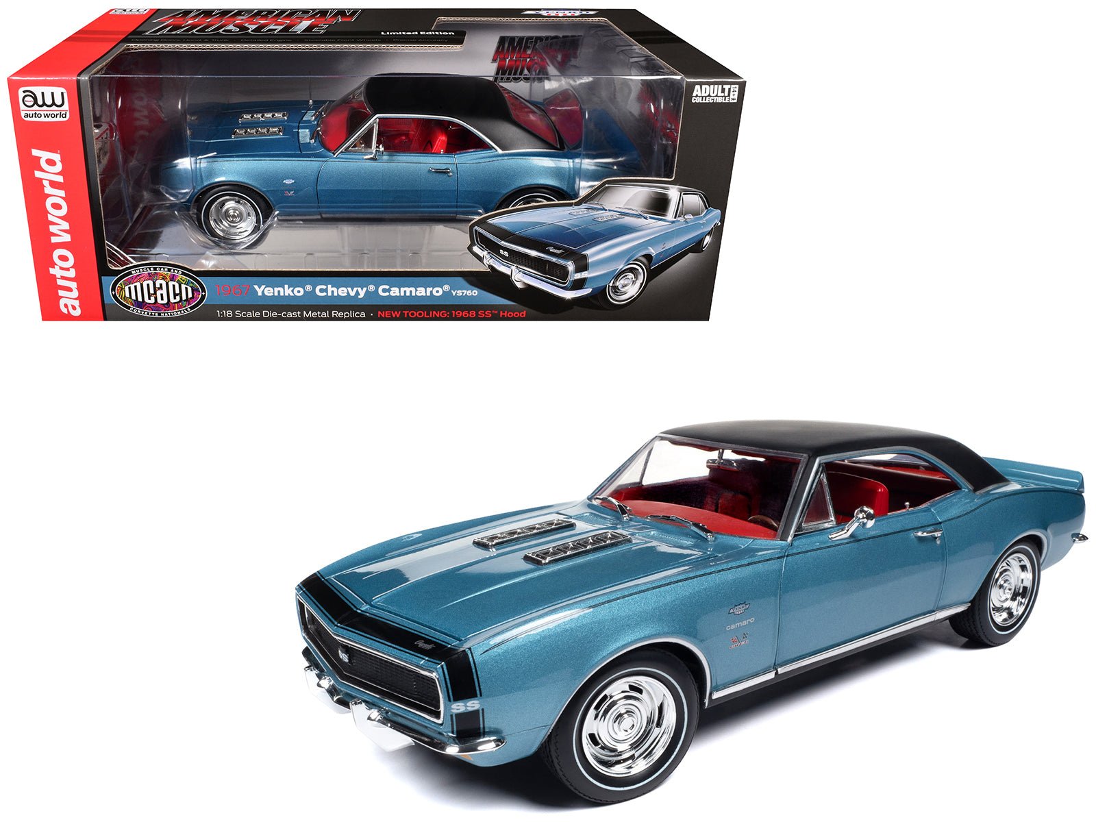 1967 Chevrolet Yenko Camaro YS760 Nantucket Blue Metallic with Black Stripes, Black Vinyl Top, and Red Interior "Muscle Car & Corvette Nationals" (MCACN) "American Muscle" Series 1/18 Diecast Model Car by Auto World free shipping USA - Rapid Vehicles