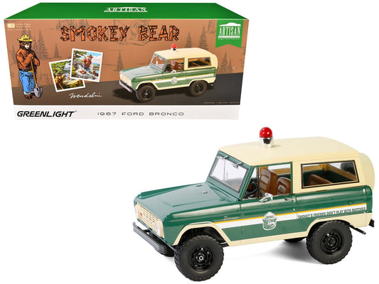1967 Ford Bronco "Smokey Bear Forest Ranger" Green and Cream with White Stripes "Artisan Collection" 1/18 Diecast Model Car by Greenlight free shipping USA - Rapid Vehicles