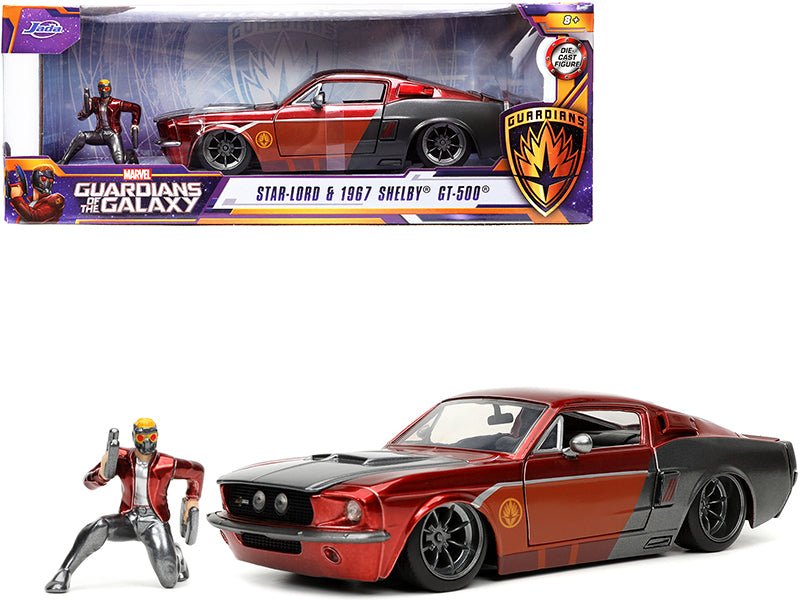 1967 Ford Mustang Shelby GT-500 Red Metallic and Gray Metallic with Star-Lord Diecast Figurine "Guardians of the Galaxy" "Marvel" Series 1/24 Diecast Model Car by Jada free shipping USA - Rapid Vehicles