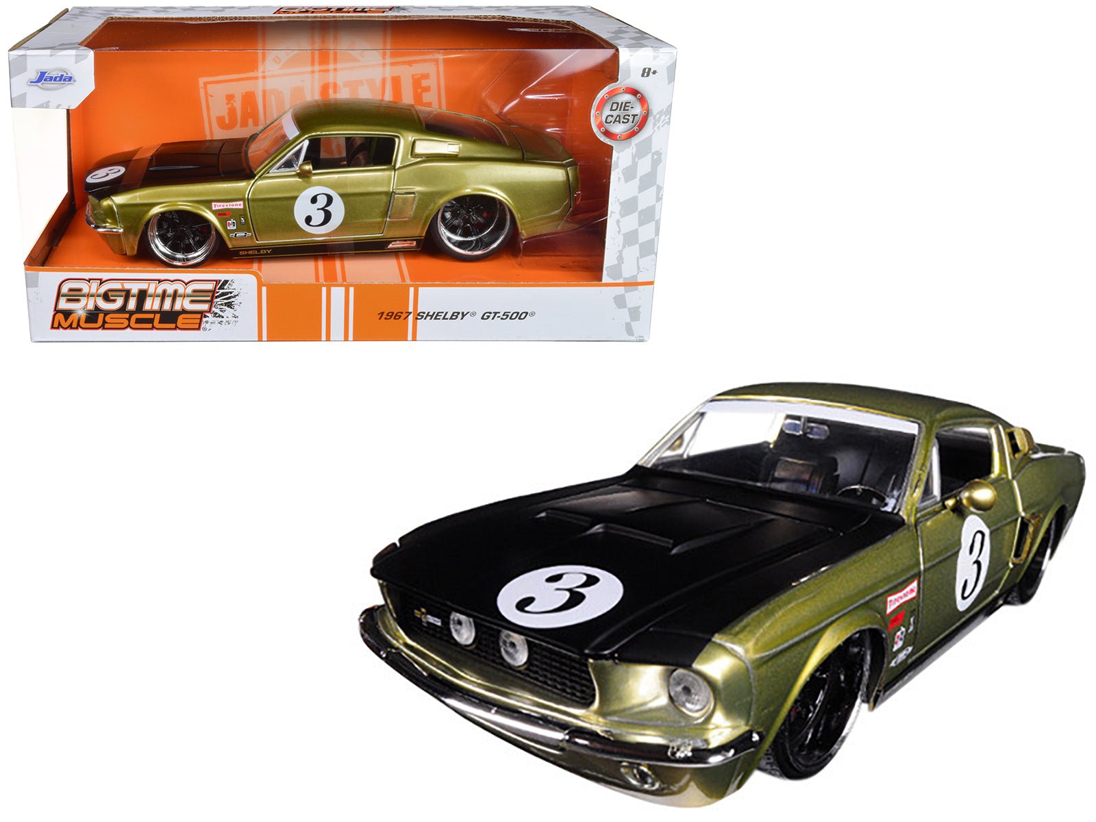 1967 Ford Shelby GT-500 3 Gold with Matt Black Hood "Big Time Muscle" 1/24 Diecast Model Car by Jada free shipping USA - Rapid Vehicles