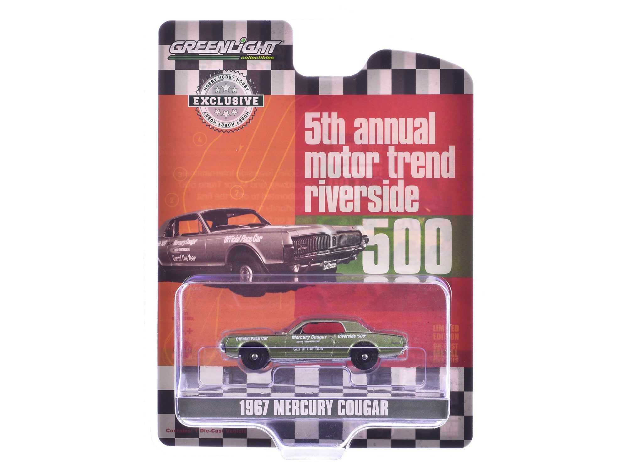 1967 Mercury Cougar "Riverside 500 Official Pace Car - Motor Trend Magazine Car of the Year" Green Metallic "Hobby Exclusive" Series 1/64 Diecast Model Car by Greenlight free shipping USA - Rapid Vehicles