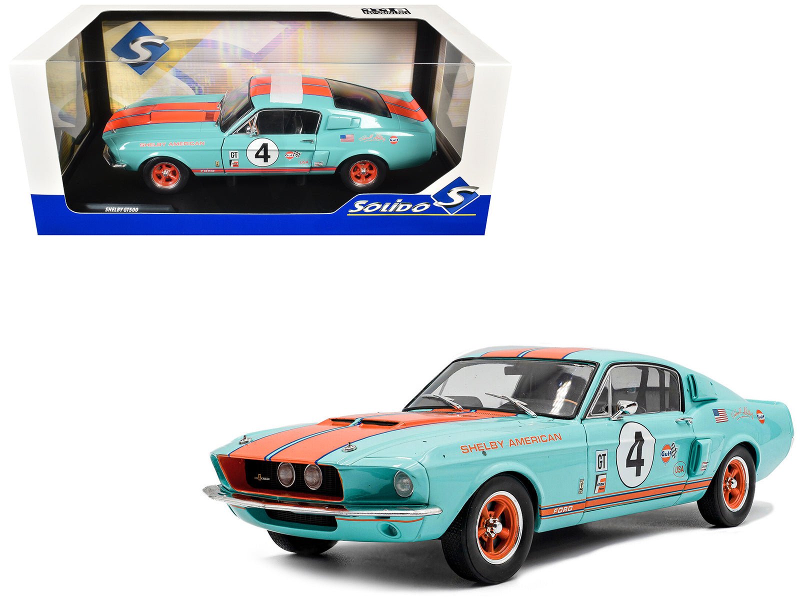 1967 Shelby GT500 4 "Gulf Racing Tribute" Light Blue with Orange Stripes 1/18 Diecast Model Car by Solido free shipping USA - Rapid Vehicles