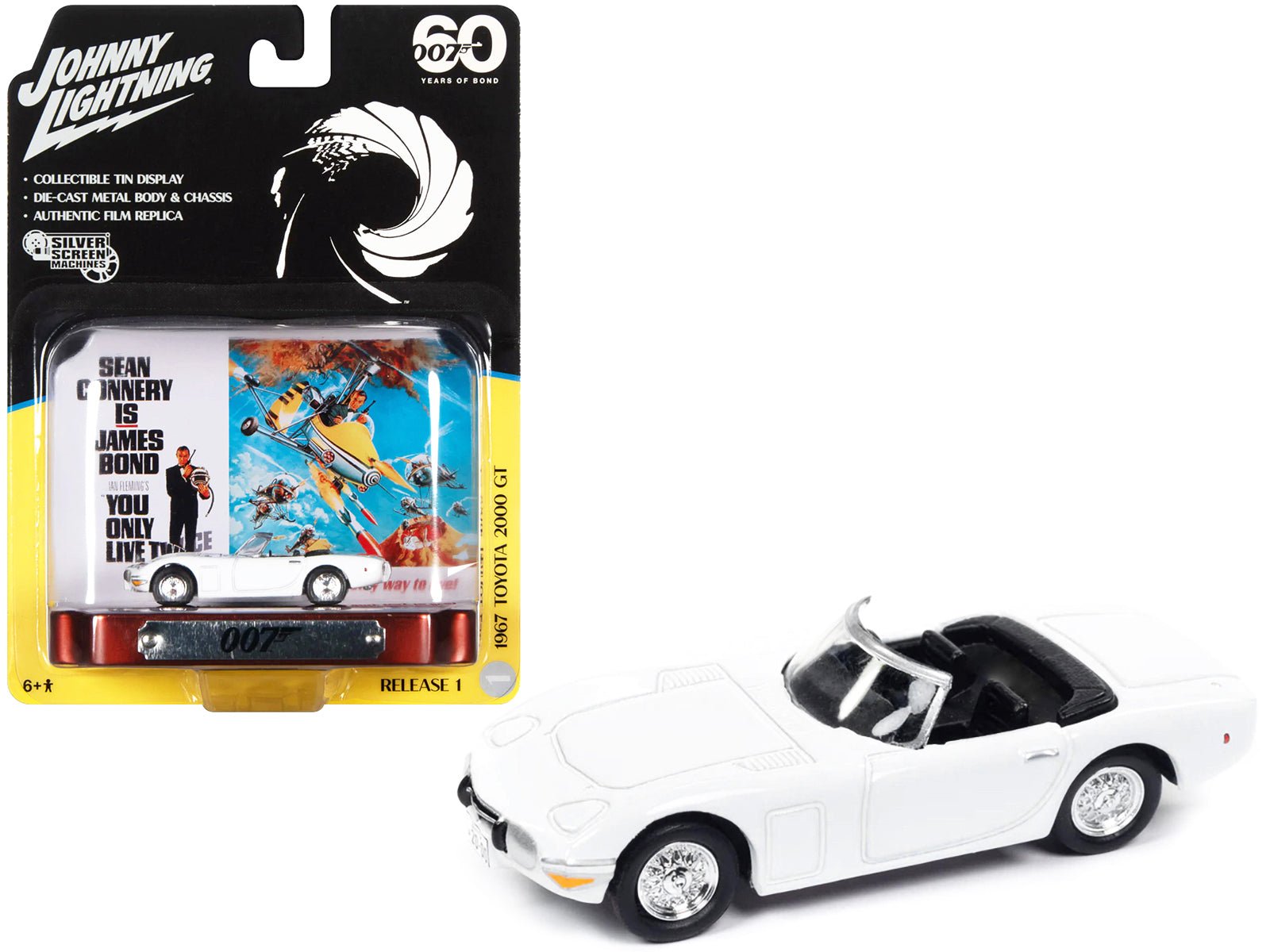 1967 Toyota 2000 GT Convertible RHD (Right Hand Drive) White 007 (James Bond) "You Only Live Twice" (1967) Movie with Collectible Tin Display "Silver Screen Machines" Series 1/64 Diecast Model Car by Johnny Lightning free shipping USA - Rapid Vehicles