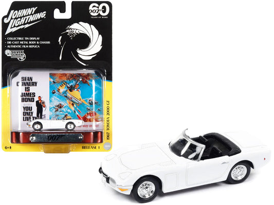 1967 Toyota 2000 GT Convertible RHD (Right Hand Drive) White 007 (James Bond) "You Only Live Twice" (1967) Movie with Collectible Tin Display "Silver Screen Machines" Series 1/64 Diecast Model Car by Johnny Lightning free shipping USA - Rapid Vehicles