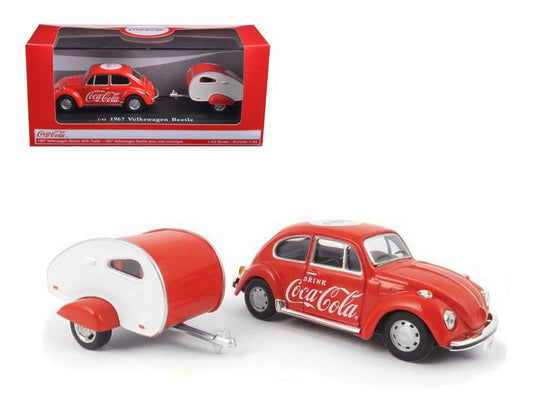 1967 Volkswagen Beetle Red with Teardrop Travel Trailer Red and White "Coca-Cola" 1/43 Diecast Model Car by Motorcity Classics free shipping USA - Rapid Vehicles