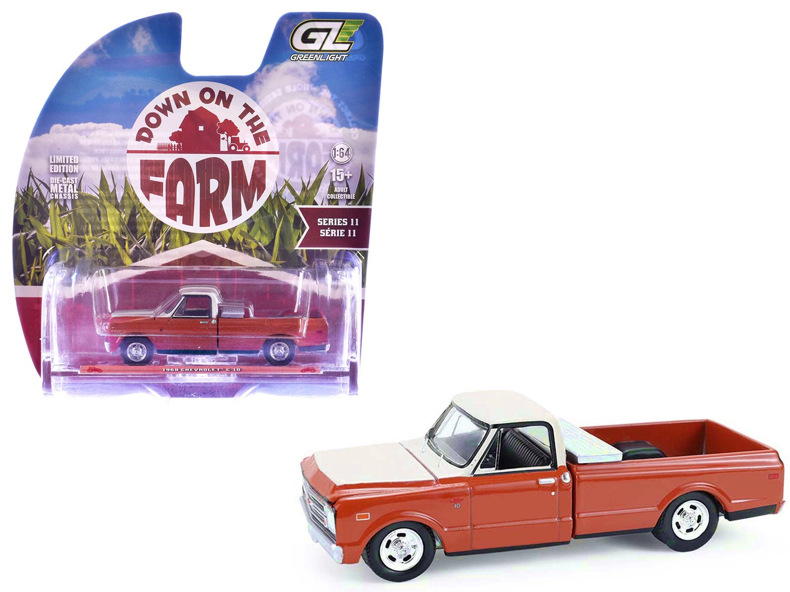 1968 Chevrolet C - 10 Pickup Truck with Toolbox Orange and Beige "Down on the Farm" Series 11 1/64 Diecast Model by Greenlight free shipping USA - Rapid Vehicles