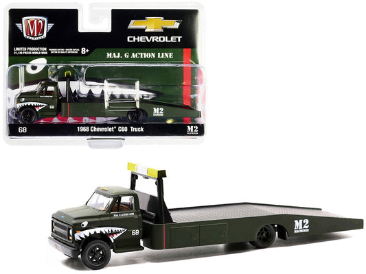 1968 Chevrolet C60 Flatbed Truck 68 Matt Dark Green with Graphics "Maj. G Action Line" Limited Edition to 21120 pieces Worldwide 1/64 Diecast Model by M2 Machines free shipping USA - Rapid Vehicles
