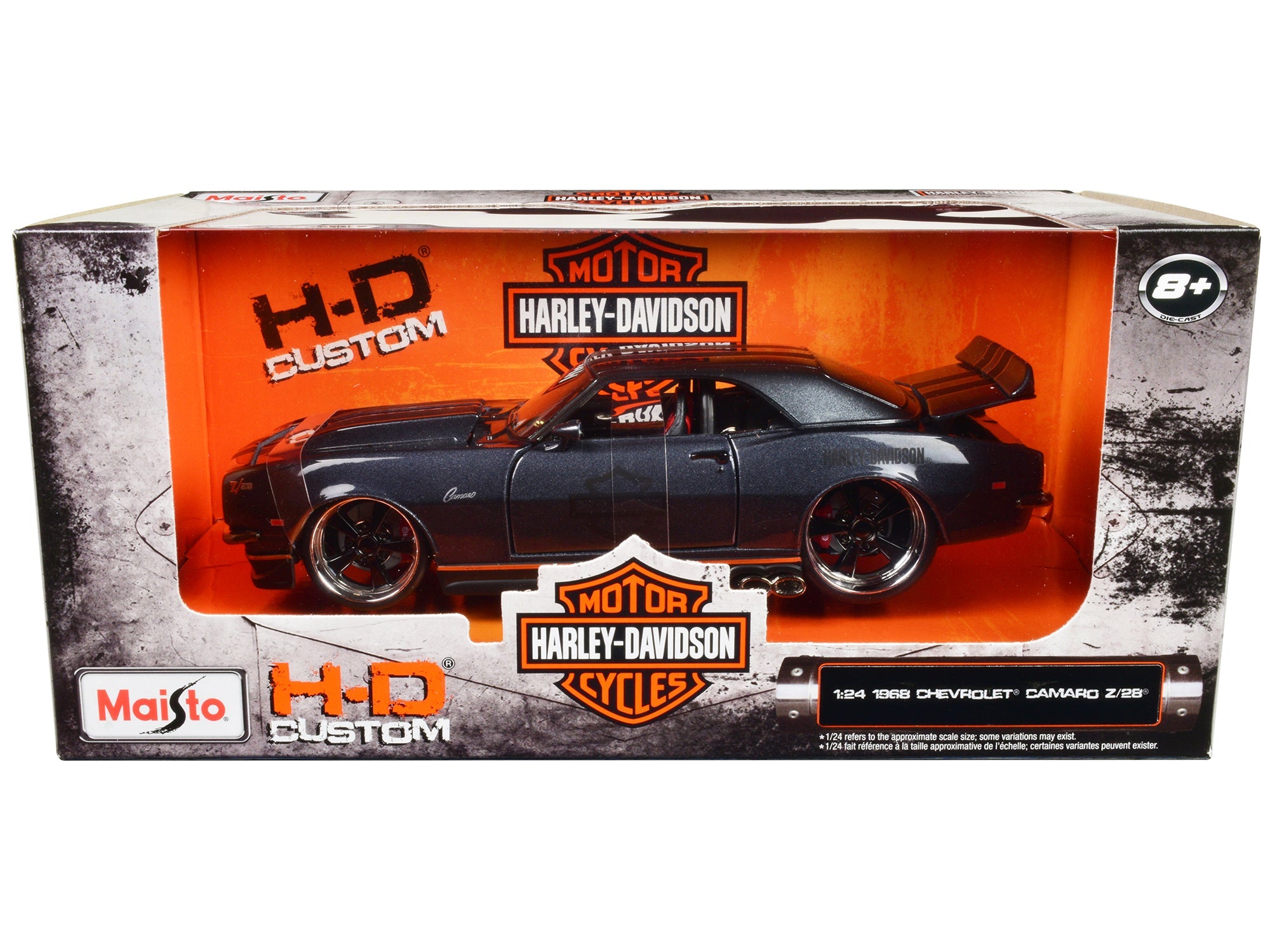 1968 Chevrolet Camaro Z/28 Dark Gray Metallic with Black and Orange Stripes "Harley Davidson" "H - D Custom" 1/24 Diecast Model Car by Maisto free shipping USA - Rapid Vehicles