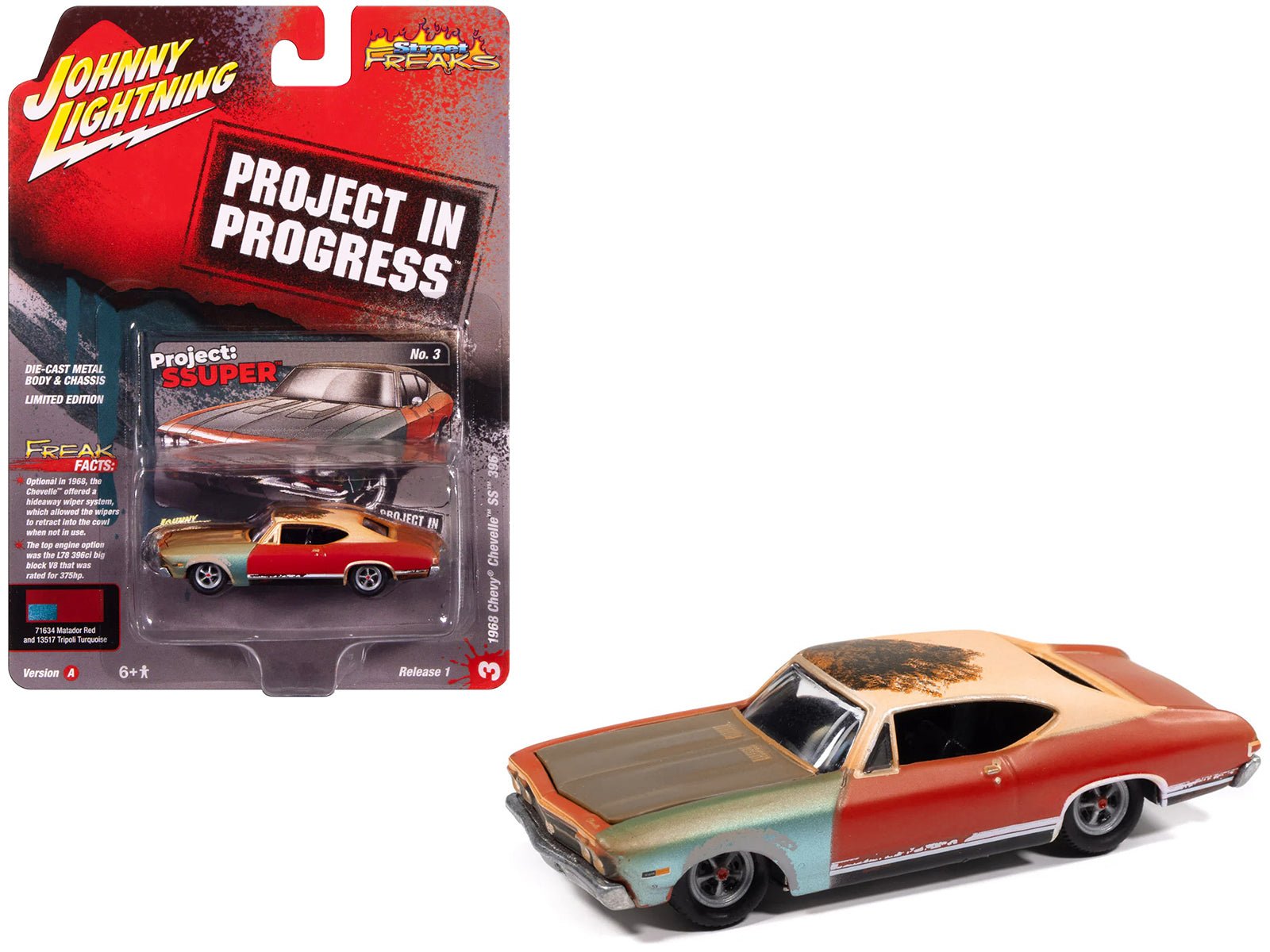 1968 Chevrolet Chevelle SS 396 Matador Red (Weathered) "Project in Progress" Series 1/64 Diecast Model Car by Johnny Lightning free shipping USA - Rapid Vehicles