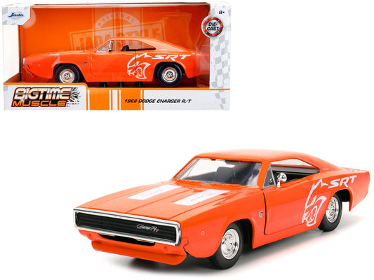 1968 Dodge Charger R/T SRT Orange with White Stripes and Graphics "Bigtime Muscle" Series 1/24 Diecast Model Car by Jada free shipping USA - Rapid Vehicles