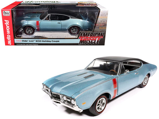 1968 Oldsmobile 442 W30 Holiday Coupe Teal Frost Metallic with Red Stripes and Black Vinyl Top "Hemmings Motor News July 2023 Cover Car" "American Muscle" Series 1/18 Diecast Model Car by Auto World free shipping USA - Rapid Vehicles
