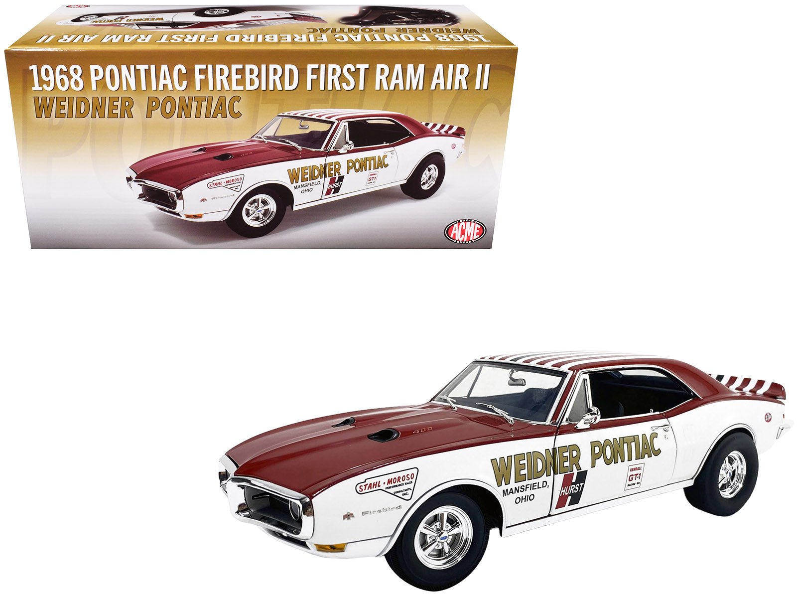 1968 Pontiac Firebird "First Ram Air II - Weidner Pontiac" White and Red with Stripes Limited Edition to 306 pieces Worldwide 1/18 Diecast Model Car by ACME free shipping USA - Rapid Vehicles