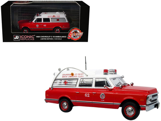 1969 Chevrolet C-10 Ambulance "Los Angeles City Fire Department" Red and White "5 Alarm" Series Limited Edition 1/50 Diecast Model by Iconic Replicas free shipping USA - Rapid Vehicles
