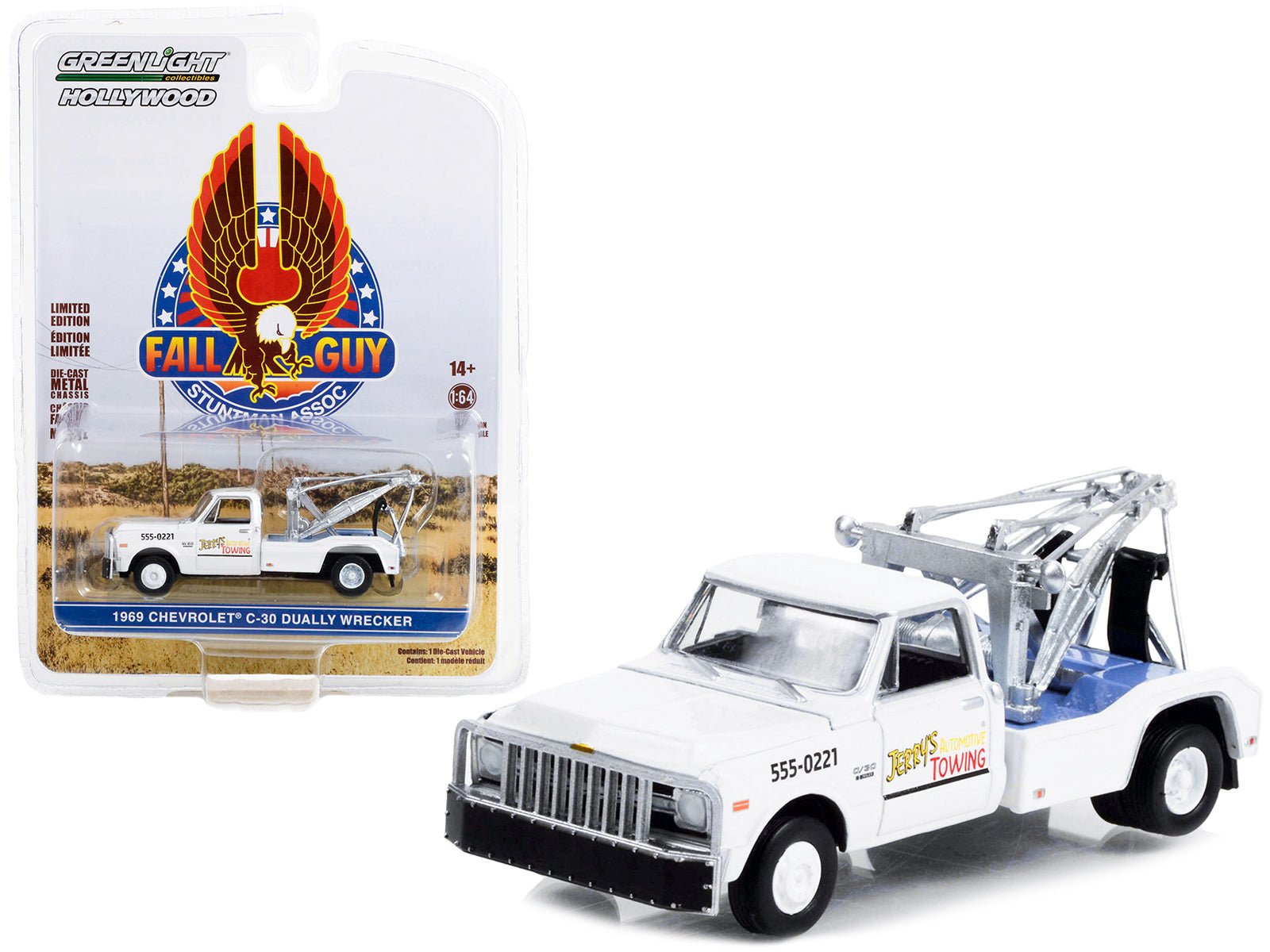 1969 Chevrolet C - 30 Dually Wrecker Tow Truck White "Jerry’s Towing" "Fall Guy Stuntman Association" Hollywood Special Edition 1/64 Diecast Model Car by Greenlight free shipping USA - Rapid Vehicles